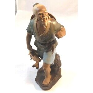 Chinese Shiwan Artistic Ceramic Mudman Fisherman Glazed Figurine 9.5" tall vtg